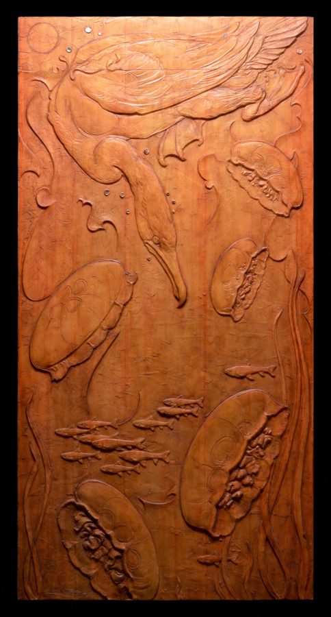 Cormorant and Moon Jellyfish
by Jeremiah D. Welsh, NSS
Mahogany Faux-Finished Cast Resin, Copper Leaf and Wax
30.375